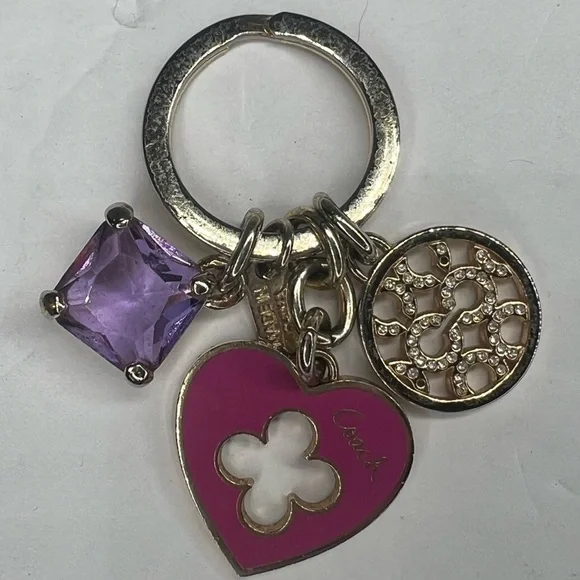 Coach Purple Gemstone Heart Crystal Pave Gold Keychain Fob Vintage